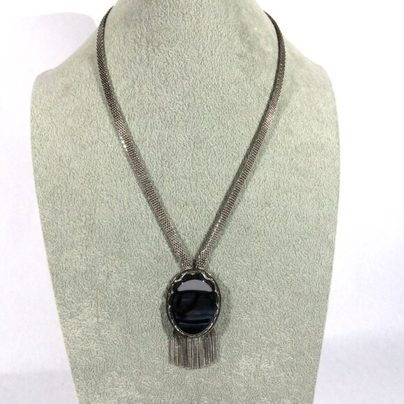 Vintage Whiting & Davis Mesh Chain Large Faux Hematite Pendant Necklace - Picture 4 of 7